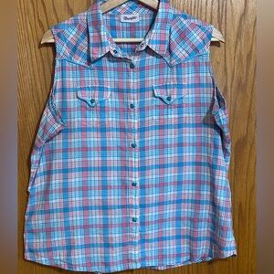 Wrangler women’s snap‎ down sz XL sleeveless top pink blue